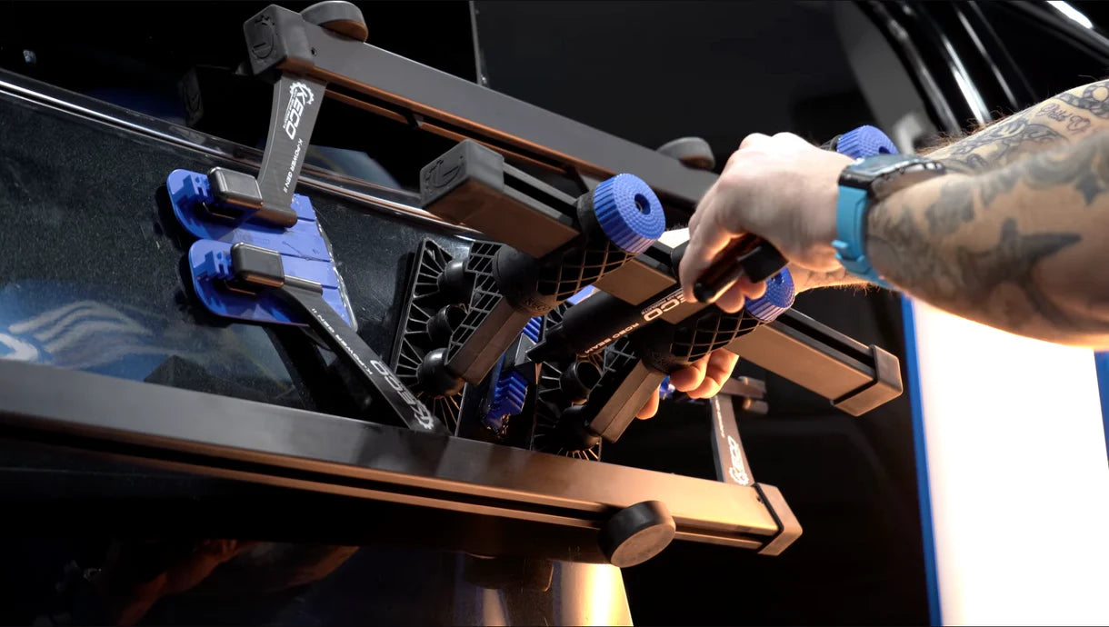 KECO K-Power and Robo Beam tools glue-pulling a dent on a vehicle panel